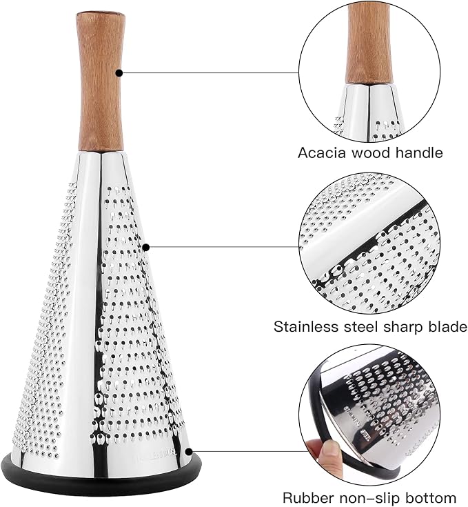 Cone Cheese Grater with Handle - Stainless Steel Triple Function Wood Handle Parmesan Shaver Non-Slip Rubber Bottom Hand Held Multifunction Vegetables Cheese Grater with container(XL:11.8" X 5.1")