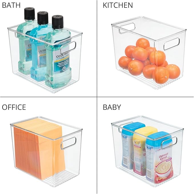 mDesign Plastic Deep Bathroom Storage Bin with Handles for Organizing Soaps, Shampoos, Conditioners, Body Wash, Serums, Oils, Supplements, Hair Styling Accessories, Ligne Collection - Clear