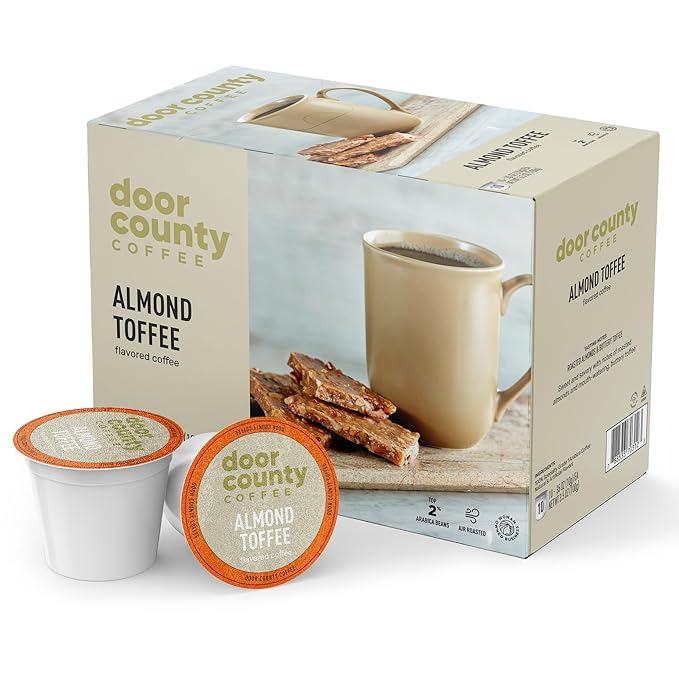 Door County Coffee Almond Toffee Flavored Ground - 30 Count Single Serve Cups - Medium Roast - 100% Specialty Arabica - Flavored Gourmet - Roasted Almonds &Toffee Flavored
