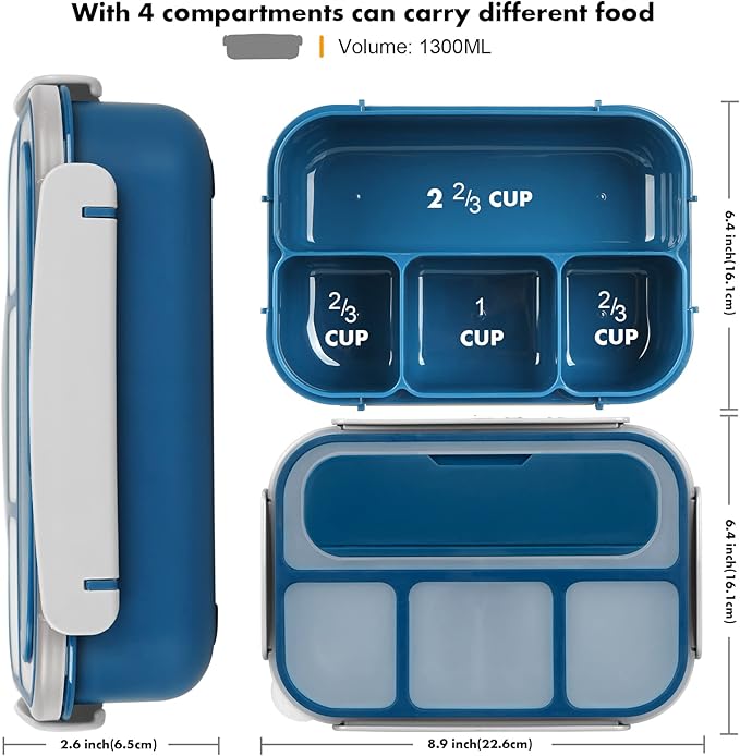 Bento Box, Lunch Box Kids, 1300ML Adult with 4 Compartment &Food Picks &Cake Cups, Containers for Adults/Kids/Toddler, Leak-Proof, Microwave/Dishwasher/Freezer Safe(Blue)