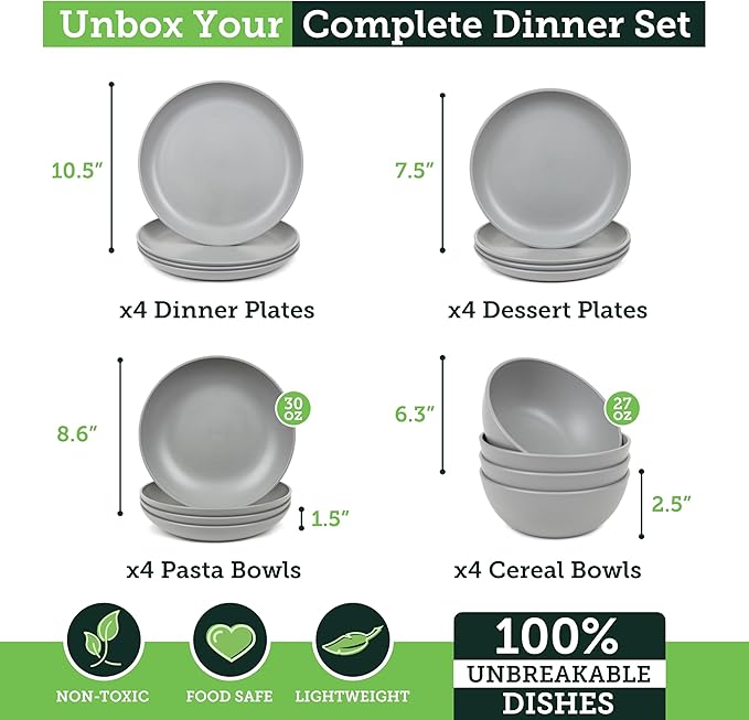 Grow Forward 16-piece Premium Wheat Straw Dinnerware Sets for 4 - Unbreakable Dishwasher & Microwave Safe Plastic Plates and Bowls Sets - Patio, Outdoors, RV, Camping Dishes - Feather