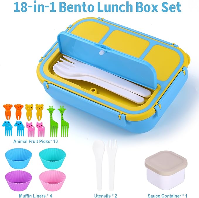 Bento Box for Kids Girls Boys, Bento Box Adult Lunch Box with 4 Compartments, Lunch Containers with Utensils, Sauce Jar, Muffin Liners for School, 40 Oz/5 Cup, Blue