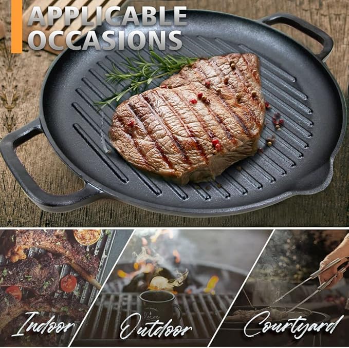 Pre-Seasoned Cast Iron Griddle Pan - 12.6 Inch Round Grill Pan with Dual Handles for BBQ and Stove Top Cooking