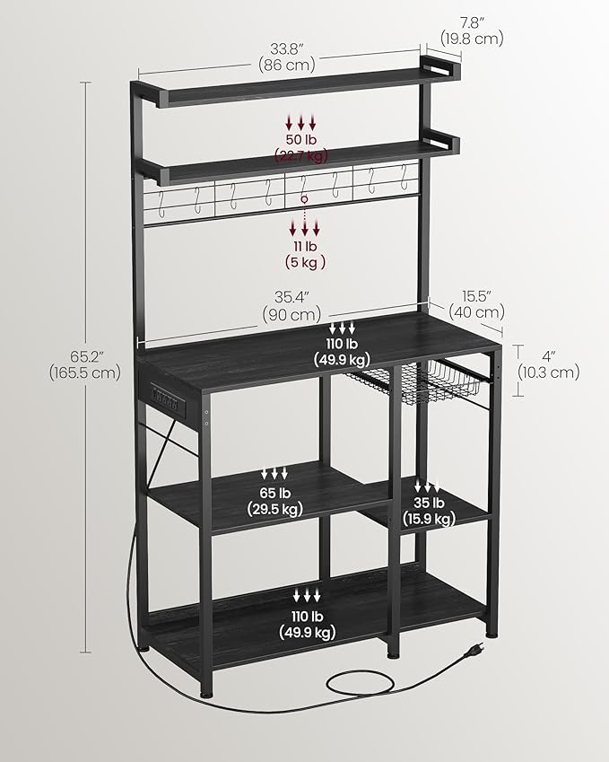 VASAGLE Bakers Rack with Power Outlet, 35.4 Inches Microwave Stand, Coffee Bar, 4 AC Outlets, with Adjustable Shelves, 8 S-Hooks, Basket, Spice Racks, Charcoal Gray and Ink Black UKKS031B22