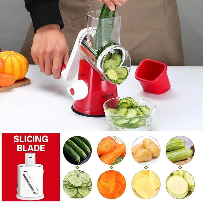 Cambom Rotary Cheese Grater Hand Crank Cheese Shredder for Fresh Cheese, Vegetable, Nuts,Non-slip Suction Base, Free Cleaning Brush Three Blades, Red