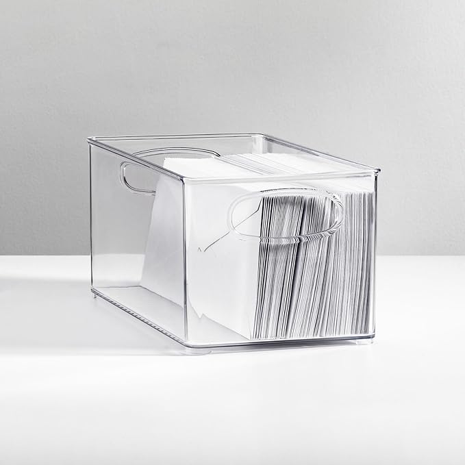mDesign Plastic Home Office Organizer - Basket Storage Holder Bin with Handles for Desk, Cupboard, Cabinet, or Rolling Cart Shelves - Holds Notebooks, Files - Ligne Collection - 4 Pack - Clear