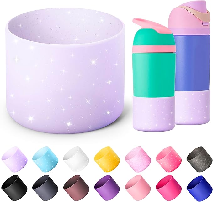 Silicone Boot for Owala 14/16 oz Water Bottle, Anti-Slip Protective Sleeve for Owala 12 oz Kids Tumbler, Boot Bottom Base fit Flip 14 oz Insulated Stainless-Steel Water Bottle (Glitter Purple)