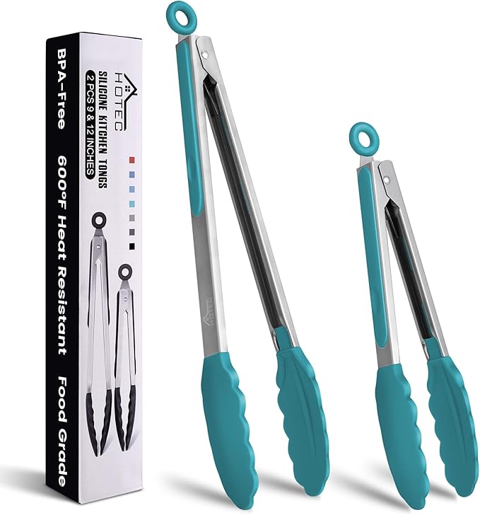 HOTEC Premium Stainless Steel Locking Kitchen Tongs with Silicon Tips, Set of 2-9" and 12", Turquoise
