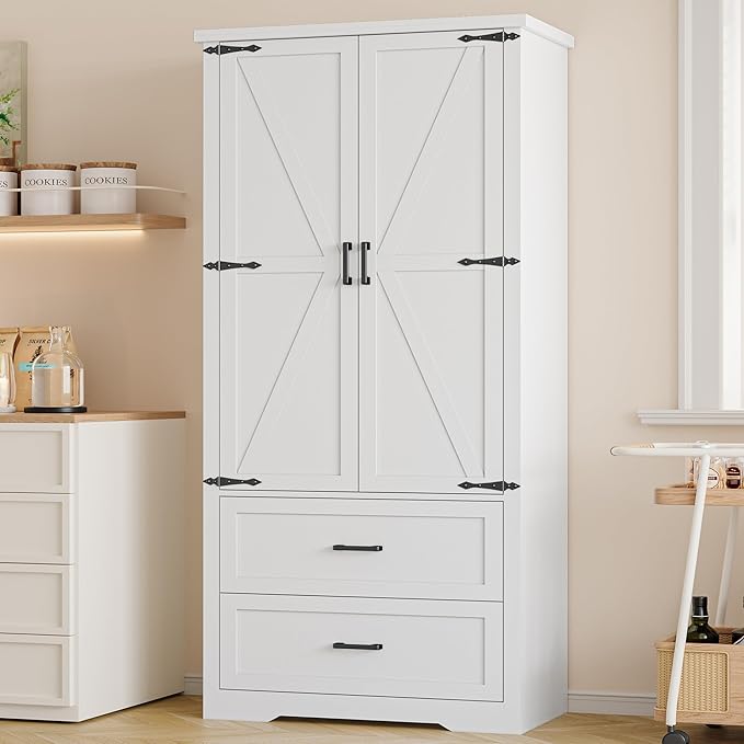 Pantry Organizers and Storage Cabinet, 71” Barn Door White Kitchen Cabinet with Drawers and Adjustable Shelf, Tall Pantry for Kitchen, Dining Room, Living Room. Bathroom and Office