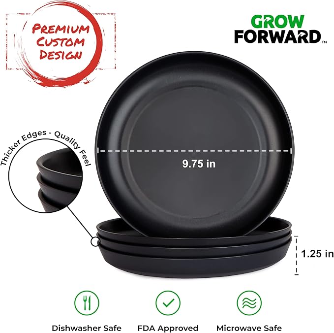 Grow Forward Premium Wheat Straw Plates and Bowls Sets - 8-Piece Wheat Straw Dinnerware Sets - Unbreakable & Reusable Microwave Safe Plastic Dinner Plates for Outdoors, RV, Camping Dishes - Midnight