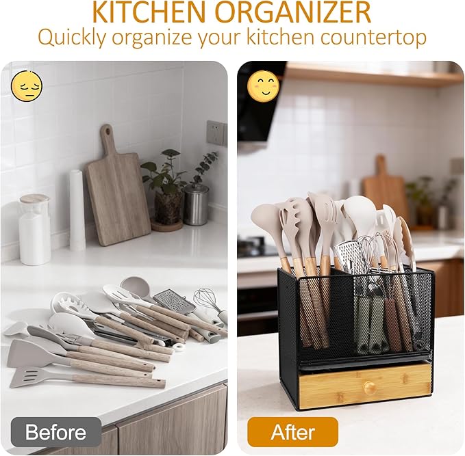 Kitchen Utensil Holder, 2-In-1 Large Utensil Holder Counter & Drawer Silverware Organizer Kitchen Countertop, 6 Compartment Caddy for Cooking and Flatware, With Quick Dry Diatomite Pad