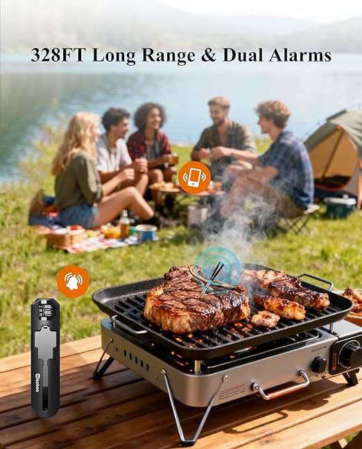 Wisebee Meat Thermometer Digital Wireless,328FT Smart Bluetooth Probe Waterproof Thermometer with Remote Monitoring| Real-Time Readings| Rechargeable LCD Booster| Dual Alarm| App Controlled| Cooking