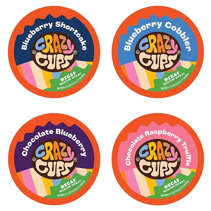 Crazy Cups Decaf Blueberry Coffee Pods Variety Pack, Decaf Magic Berries Hot or Iced Flavored Hot or Iced Coffee Pods, Single Serve Recyclable Pods Compatible With Keurig K Cup Brewers, 24 Count