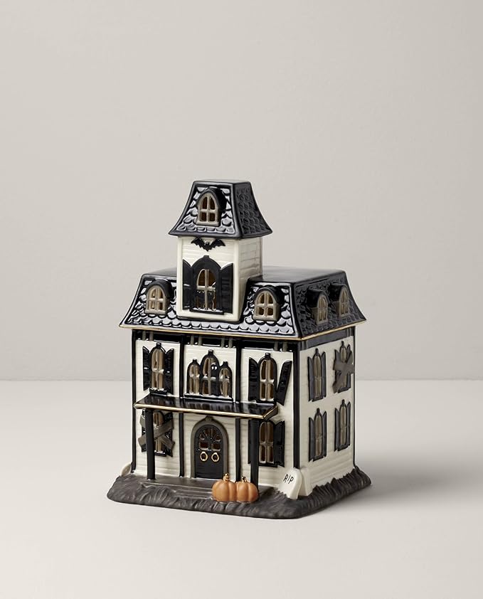Lenox Vintage Halloween Light-Up House Figurine, 9.25-Inch, Porcelain Haunted House, Halloween Decor Indoor, Fall Decor, Spooky Indoor Decorations (1 Light-Up Figurine) 3 AAA Batteries Not Included