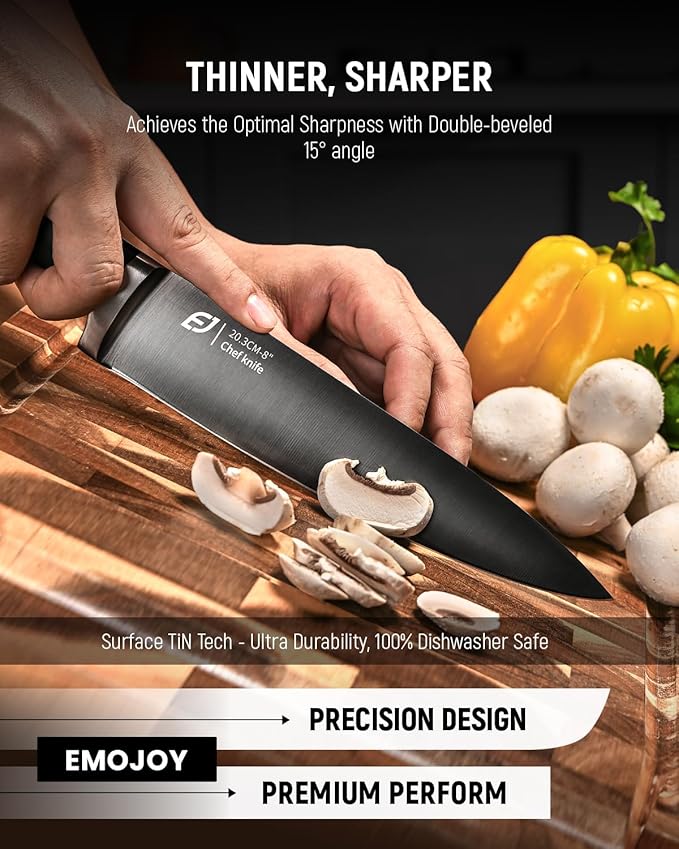 Knife Set, Emojoy 17-Piece Kitchen Knife Set with Heavy-Duty Acacia Block, Premium Titanium Stainless Steel Knife Block Set with Built-in Sharpener, Rust Proof