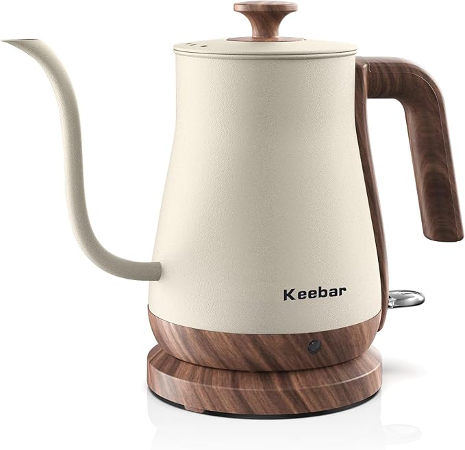 Gooseneck Electric Kettle Beige, 1000W Electric Tea Kettle Stainless Steel, Pour Over kettle for Coffee, Wood-like Grain Finish Handle, Hot Water Kettle, Auto Shut Off, 0.8L, Beige