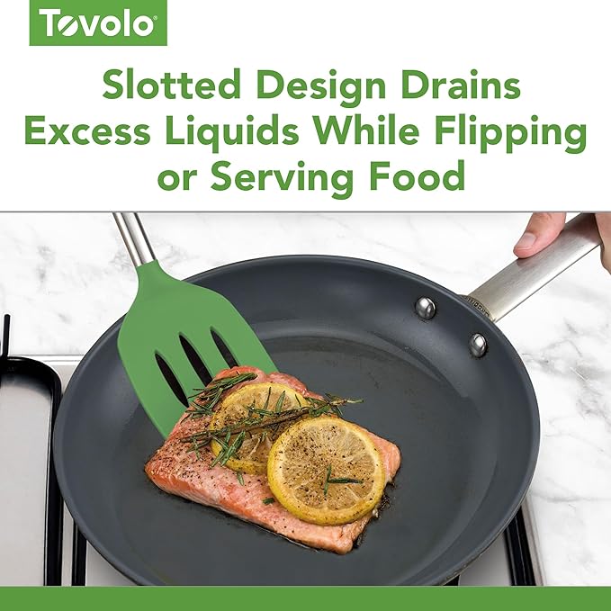 Tovolo Silicone Slotted Turner With Stainless Steel Handle, Pancake Spatula, Scratch-Resistant Kitchen Utensil for Nonstick Cookware & Cast Iron Skillets, Pesto, 1 Count