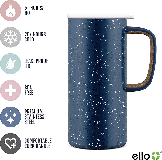 Ello Campy 18oz Stainless Steel Travel Mug with Handle and Leak Proof Lid | Vacuum Insulated Coffee Cup for Hot or Cold Drinks | Reusable, BPA Free | Gift for Coffee Lovers, Navy