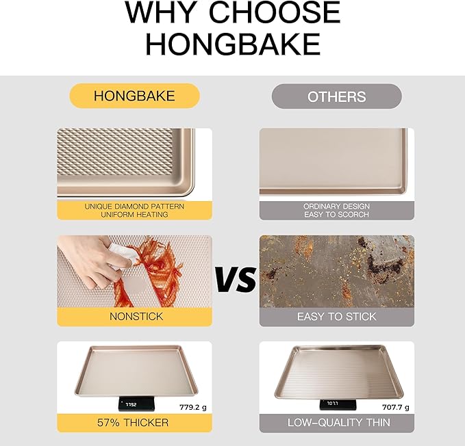 Jelly Roll Pan 15x10 - HONGBAKE Commercial Cookie Sheets for Baking with Diamond Texture Surface, 57% Thicker Carbon Steel Baking Sheet for Oven, Nonstick Cooking Tray