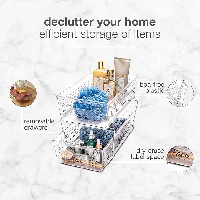 madesmart 2-Tier Organizer, Multi-Purpose Slide-Out Storage with Handles and Dividers for Home and Bath, Easy Assembly, BPA Free, Clear