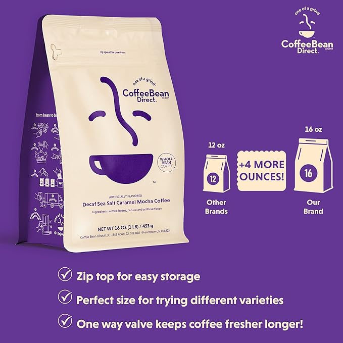 Coffee Bean Direct Decaf Sea Salt Caramel Mocha Flavored, Whole Bean Coffee, 1 Pound Bag (Pack of 1)