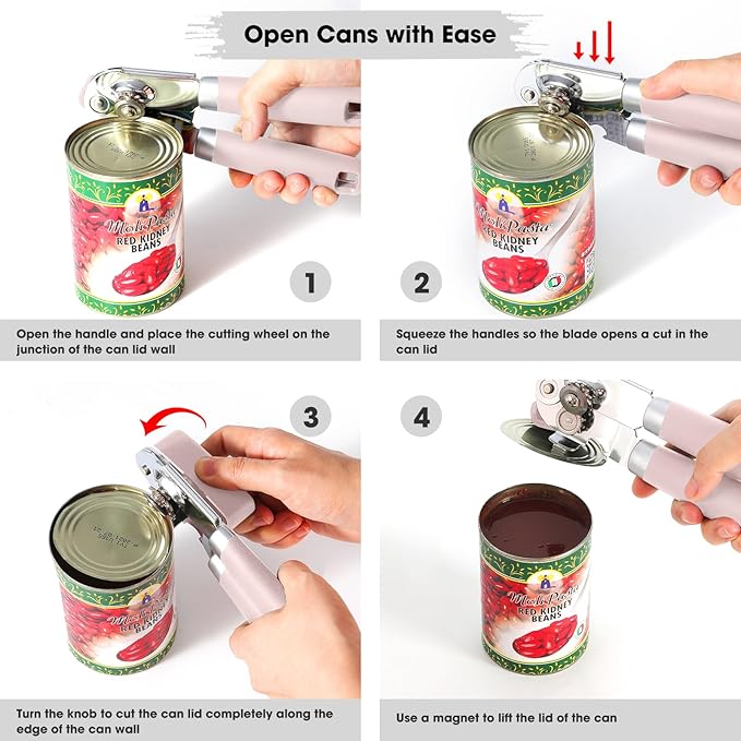 Beneno Heavy Duty Hand Can Opener Manual with Magnet, Durable Sharp Carbon Steel Blade Smooth Cutting, Big Effort-Saving Knob & Soft Grip Handle, Multifunctional Bottle Opener, Light Pink