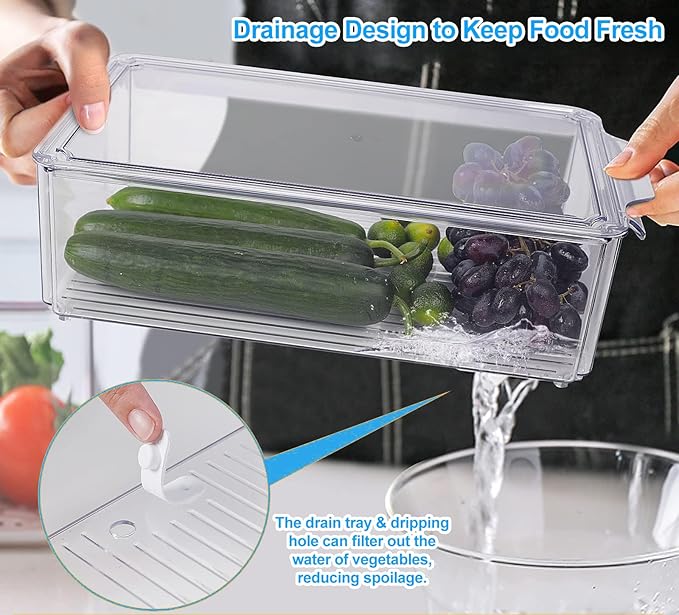 14-Pack Clear Fridge Organizer Bins with Lids, Stackable Refrigerator Storage Containers, BPA-Free with Drain Tray & Anti-Slip Base for Fruits, Veggies, Drinks