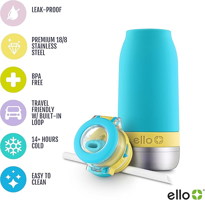 Ello Emma 14oz Vacuum Insulated Stainless Steel Kids Water Bottle with Straw and Built-in Carrying Handle and Leak-Proof Locking Lid for School Backpack, Lunchbox and Outdoor Sports