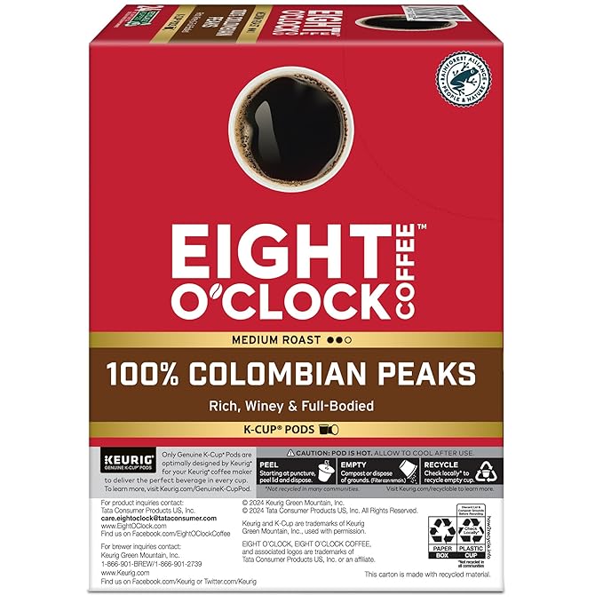 Eight O'Clock Coffee Colombian Peaks Single-Serve Keurig K-Cup Pods, Medium Roast Coffee Pods, 96 Count
