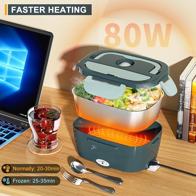 Monteka Electric Lunch Box Food Heater - Leakproof Portable Food Warmer heated lunch box for adults for Car/Home/Truck with 1.5L Removable Stainless Steel Container, Gifts for Men, 12V/24V/110V