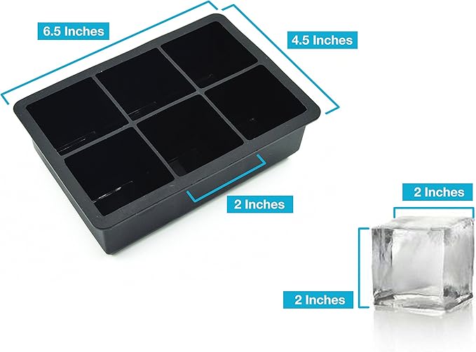 Rippl Ice Cube Tray - Silicone Ice Cube Tray - Ice Cube Tray with Large 6 Cavity Silicone Mold - Will Make Big Ice Cubes For Whiskey - Set of (2) in Black