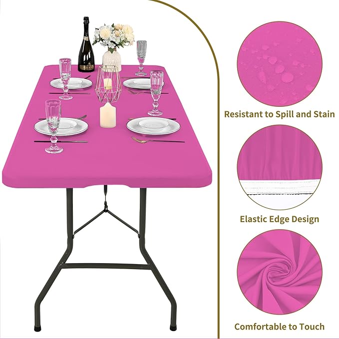 6 Pack Fitted Tablecloth for 8 Foot Rectangle Tables, Hot Pink Elastic Outdoor Picnic Table Cover, Washable Stretch Folding Table Cloths 8 ft for Camping Party Patio Kitchen Banquet, 30" W x 96" L