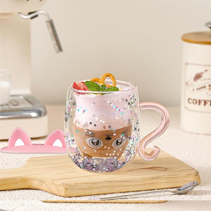 Gifts for Women Cat Gifts Double Walled Glass Coffee Latte Cup Cute Stuff Cat Mug Gifts for Her Christmas Stocking Fillers,Birthday,Valentines,Halloween Presents for Women,Kid,Mum,Teacher