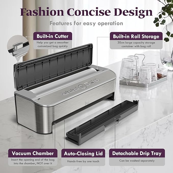 Mesliese Vacuum Sealer Machine, 85kPa 120W Automatic Food Sealer, Powerful Sealing System, Build-in Cutter | Bags Storage | Moist Mode and Air Suction Hose (Silver)