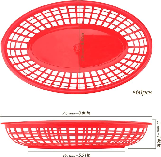 60 Pack Red Plastic Oval Fast Food Baskets - 9x5.7x1.6 Inch, Perfect for Picnic, Deli Serving, Chicken, Burgers and Fries