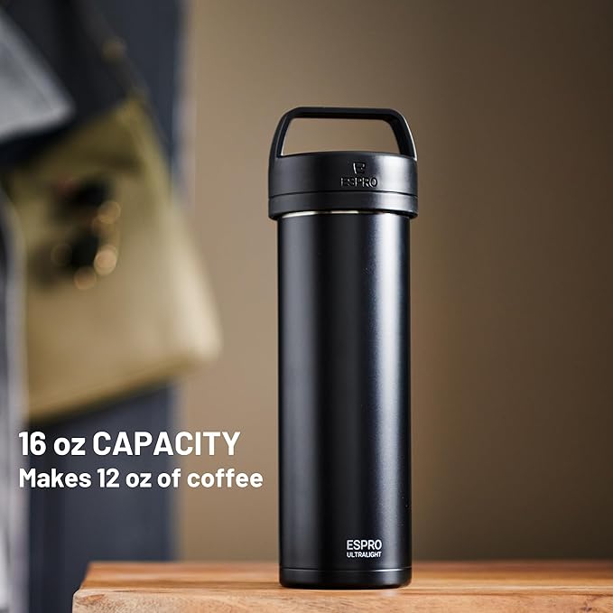 ESPRO P0 Ultralight French Press Coffee Maker for Travel, Vacuum Insulated Stainless Steel, 16 Ounces, Matte Meteorite Black