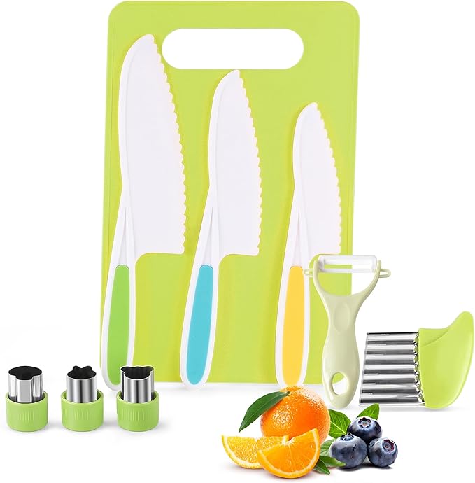 9PCS Montessori Kitchen Tools Cookware Baking Toy, Kids Knife Set for Real Cooking with Cutting Boards, Crinkle Cutte, Y Peeler, Serrated Edges Plastic Toddler Knife Kid Safe Knives