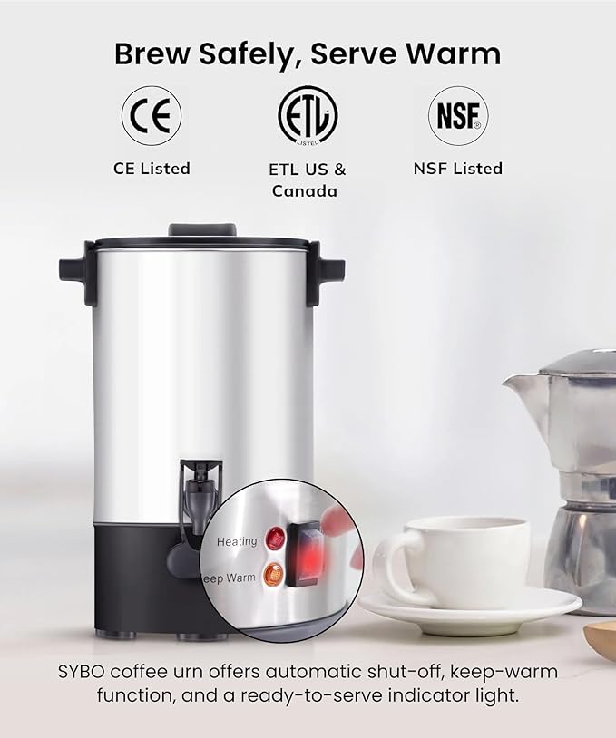 SYBO Commercial Grade Stainless Steel Percolate Coffee Maker, Hot Water Urn for Catering, Hot Beverage Dispenser, 40-Cup, 6L, Metallic