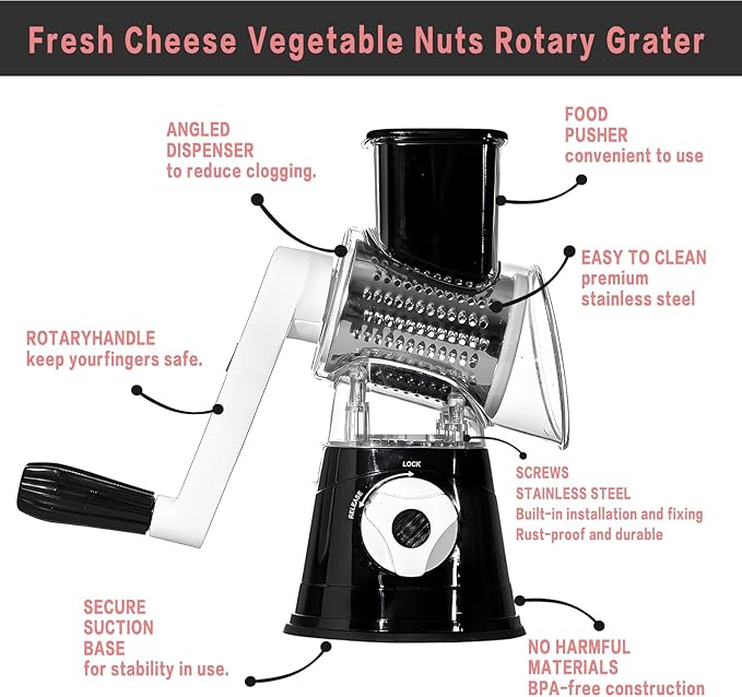 Rotary Cheese Grater, Cheese Grater Hand Crank, With Suction Base, Easy Cleaning With 3 Stainless Steel Interchangeable Drum Blades, Black