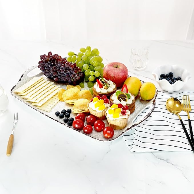 TP Serving Trays with Handles, 17 x 12 Inch Melamine Serving Platters for Food, Meat, Set of 2 Rectangular Trays for Eating, Rustic White