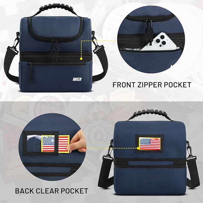MIER Adult Lunch Box Insulated Lunch Bag Large Cooler Tote Bag for Men Women to Work Travel Daytrip, Double Deck Cooler (Navy, Large)