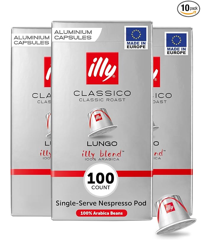 illy Aluminum Espresso Capsules - Compatible with Nespresso Machines - Classico Lungo Roast Coffee - Mild & Balanced - Notes Of Caramel, Orange Blossom & Jasmine - 10 Count (Pack of 10)