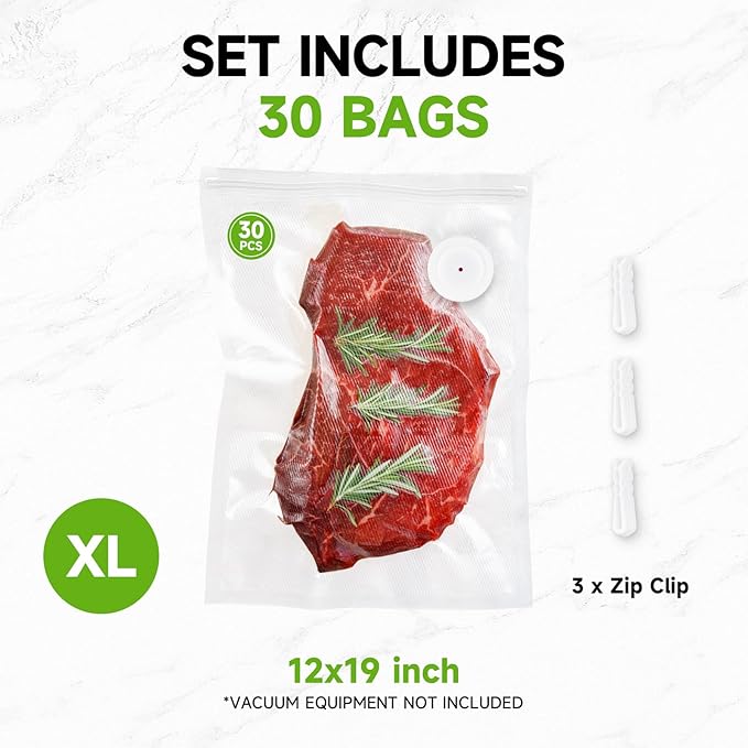 Vacuum Sealer Bags, 30 Reusable Vacuum Sealer Bags for Food, BPA-Free, Meal Prep and Sous Vide Cooking,Works for Handheld Sealer and Vac Sealer Machine with External Vacuum Systems