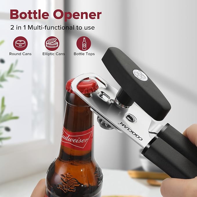 Can Opener Manual 2-in-1 with Magnet, Hand Held Can Openers with Stainless Steel Sharp Blade (Smooth Cut), Large Effortless Turn Knob, Non-Slip Soft Rubber Handle, Built-Bottle Openers, Black