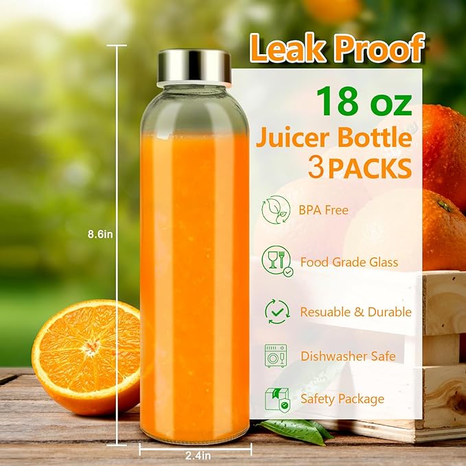 Zukro Glass Water Bottles with Lids 18 oz, 3 Pack Reusable Juice Bottles With Stainless Steel Airtight Cap for Juicing, Leak Proof Clear Drinking Jar Beverage storage container for Fridge, BPA Free