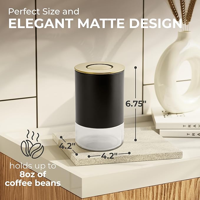 Kaffe Glass Coffee Canister (8oz) w/Airtight Lid - Click to Release Seal - BPA Free Glass & Stainless Steel - Elegant Kitchen Storage Container for Coffee, Nuts, Rice, Flour, Sugar, Tea, Cereal