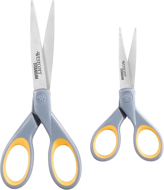 Westcott ‎13824 7” & 5” Pointed Titanium-Bonded Crafting Scissors with Soft Handles, Gray/Yellow (2 Pack)