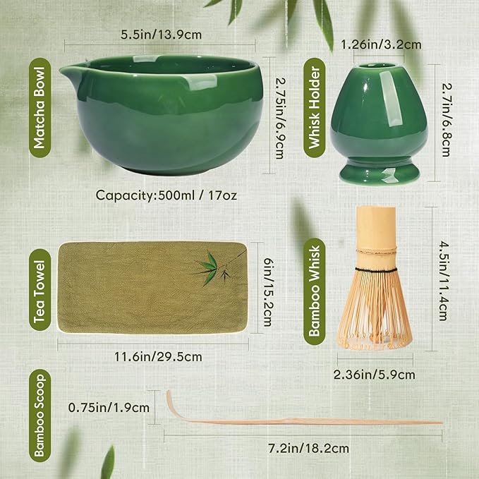 Matcha Whisk Set – Ceramic Matcha Set with Matcha Bowl, Matcha Whisk & Holder, Bamboo Scoop, Tea Towel – 5-Piece Japanese Matcha Kit for Matcha Lovers, Beginners & Gifting (Green, 17oz)