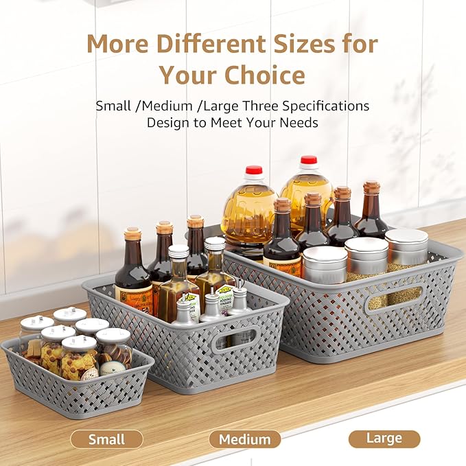 MaxGear Organization and Storage 3 Packs, Plastic Bins Organizer Bins, Woven Baskets for Storage, Plastic Baskets with Handles, Grey Basket for Organizing, Basket Organizer for Home and Office, Large