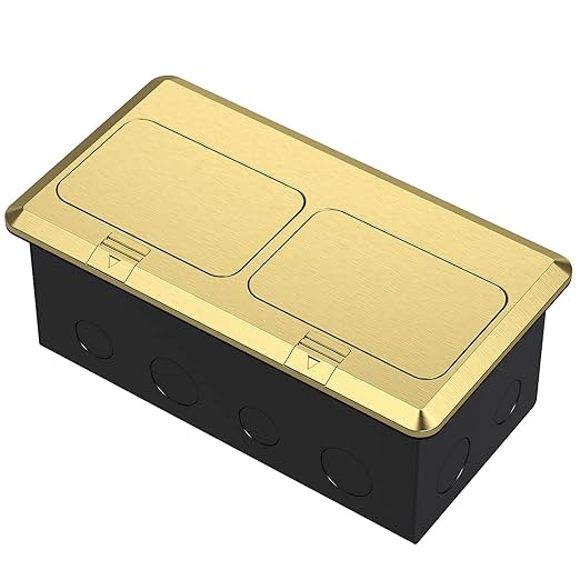 KYHSHJ Dual Pop-Up Floor Electrical Outlet Box Kit，20 Amp Stainless Steel TR Tamper-Resistant Duplex Receptacle Outlet，3-Port RJ45 Datacom Receptacle，ETL Listed, Brass
